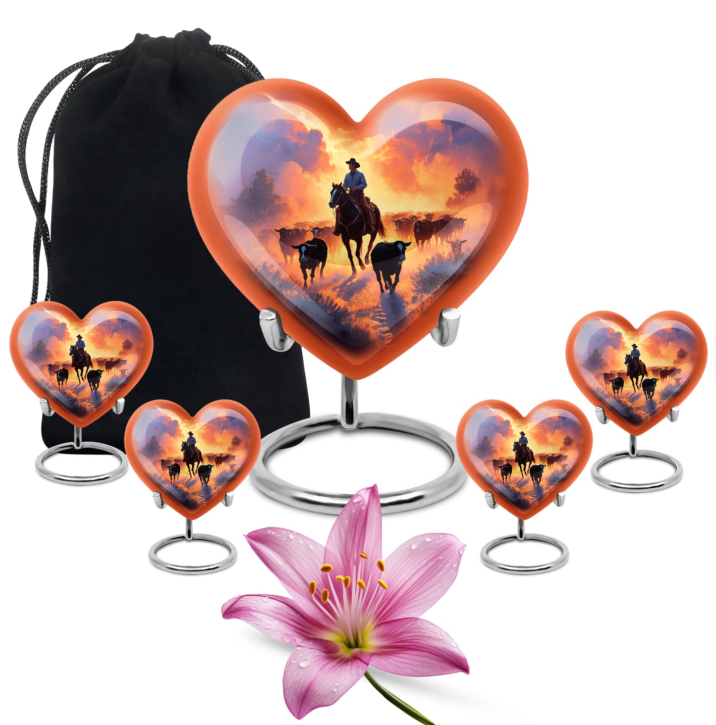 Majestic Purple Cowboy Cremation Urn close-up of engraving and surface detail - loving heart memorial featuring cowboy pattern - memorial set with one large and four small urns