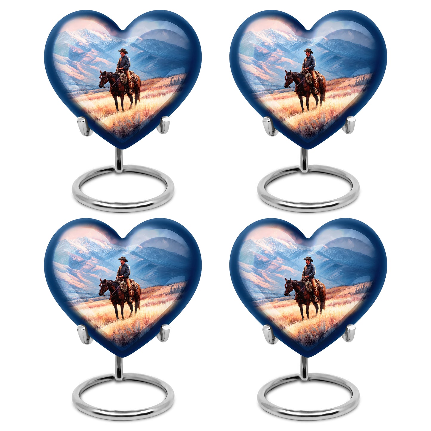 Azure Cowboy Cremation Urn angled view of lid and engraved motif - loving heart memorial featuring cowboy pattern - 10 inch aluminum urn for cremated remains