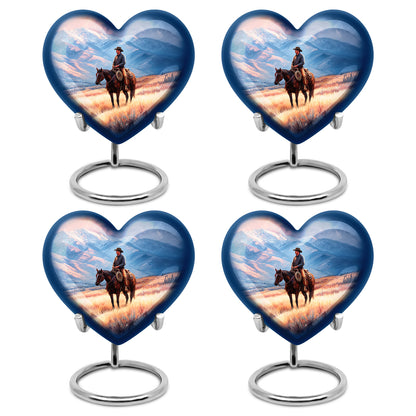 Azure Cowboy Cremation Urn angled view of lid and engraved motif - loving heart memorial featuring cowboy pattern - 10 inch aluminum urn for cremated remains