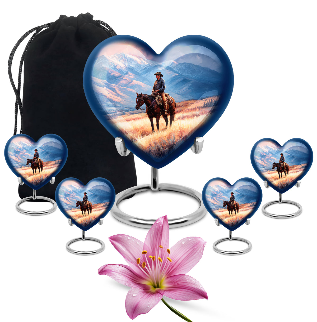 Steel Blue Cowboy Cremation Urn close-up of engraving and surface detail - romantic heart urn with cowboy motif on aluminum - memorial set with one large and four small urns