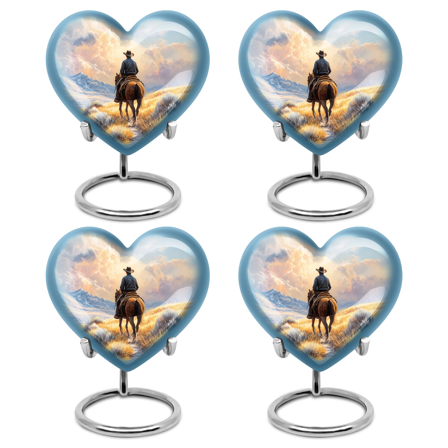 Harvest Gold Cowboy Cremation Urn angled view of lid and engraved motif - compassionate heart-cowboy combination with gentle curves - 10 inch aluminum urn for cremated remains
