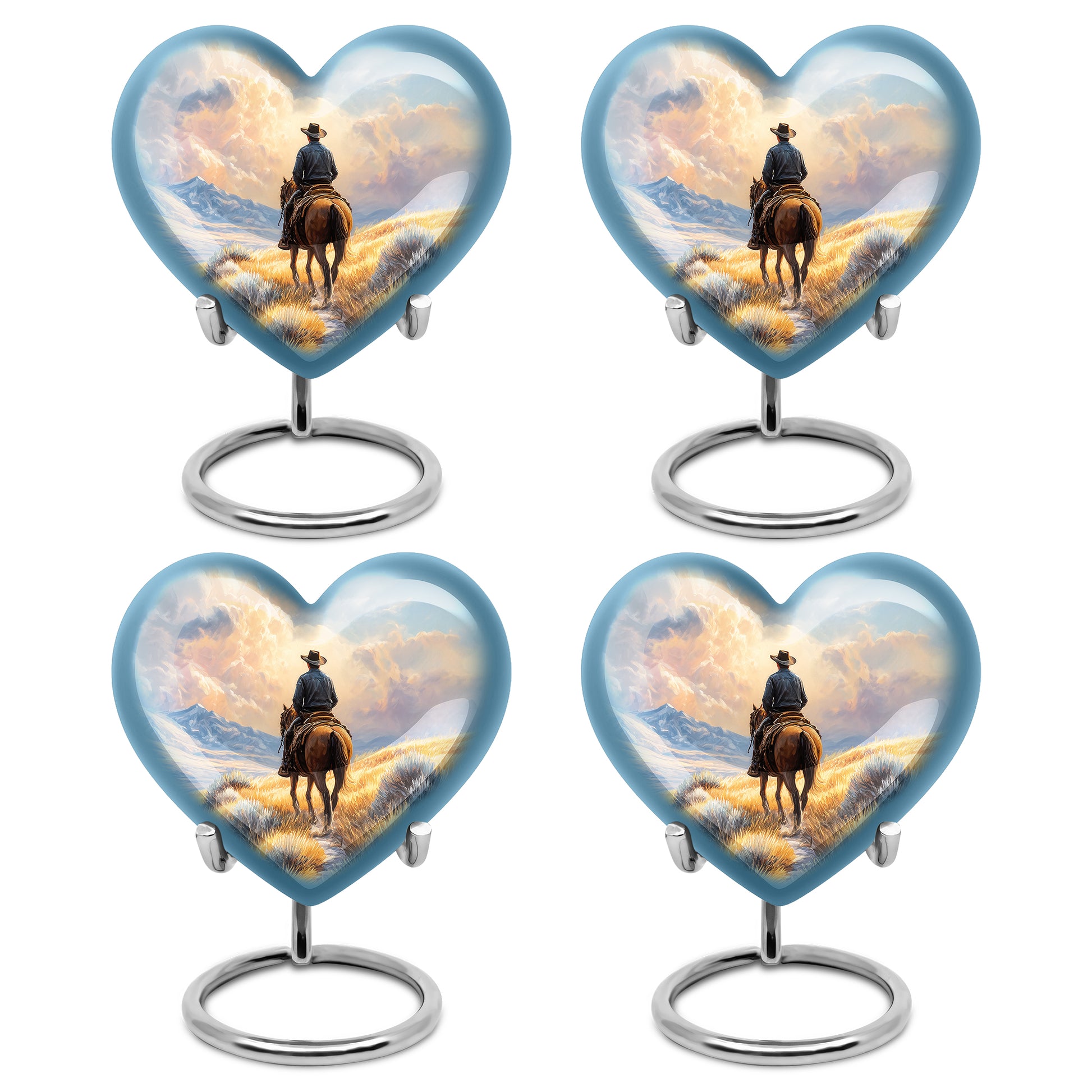 Harvest Gold Cowboy Cremation Urn angled view of lid and engraved motif - compassionate heart-cowboy combination with gentle curves - 10 inch aluminum urn for cremated remains