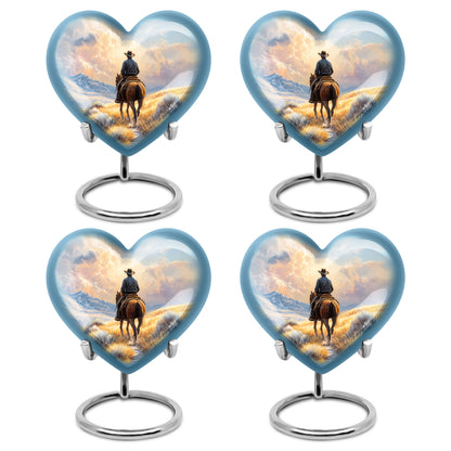 Harvest Gold Cowboy Cremation Urn angled view of lid and engraved motif - compassionate heart-cowboy combination with gentle curves - 10 inch aluminum urn for cremated remains
