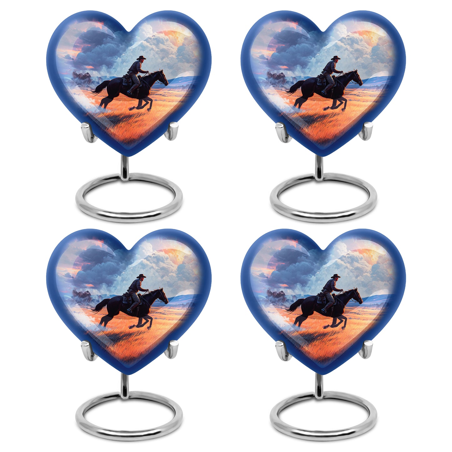 Vivid Blue Cowboy Cremation Urn angled view of lid and engraved motif - compassionate heart-cowboy combination with gentle curves - 10 inch aluminum urn for cremated remains