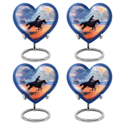 Vivid Blue Cowboy Cremation Urn angled view of lid and engraved motif - compassionate heart-cowboy combination with gentle curves - 10 inch aluminum urn for cremated remains