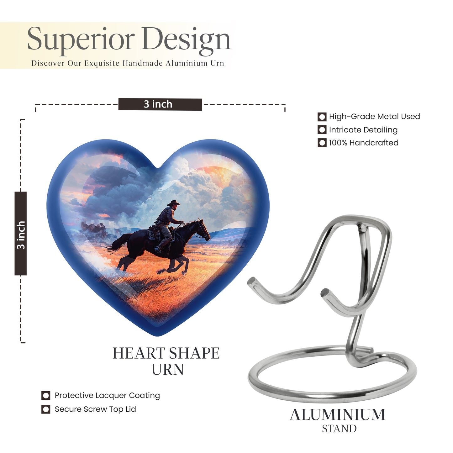 Misty Blue Cowboy Cremation Urn front view showing detailed design - loving heart memorial featuring cowboy pattern - mini keepsake memorial for portion of cremation ashes