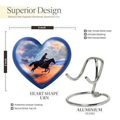 Misty Blue Cowboy Cremation Urn front view showing detailed design - loving heart memorial featuring cowboy pattern - mini keepsake memorial for portion of cremation ashes