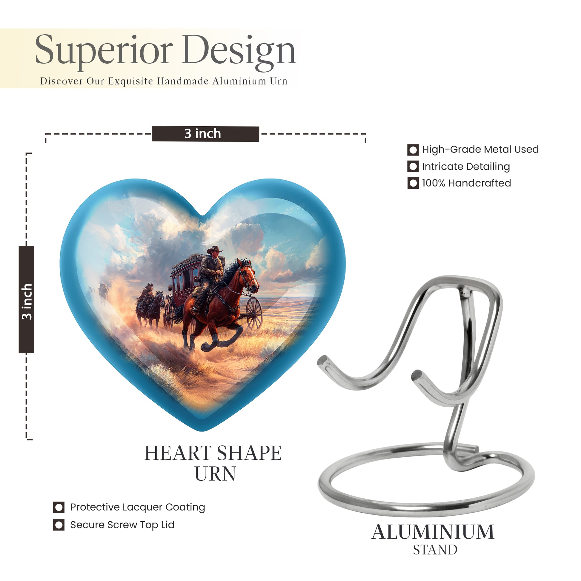Dusty Blue Cowboy Cremation Urn front view showing detailed design - loving heart memorial featuring cowboy pattern - mini keepsake memorial for portion of cremation ashes