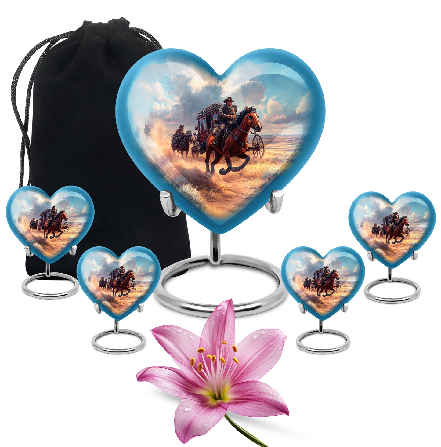 Dusty Blue Cowboy Cremation Urn close-up of engraving and surface detail - loving heart memorial featuring cowboy pattern - memorial set with one large and four small urns