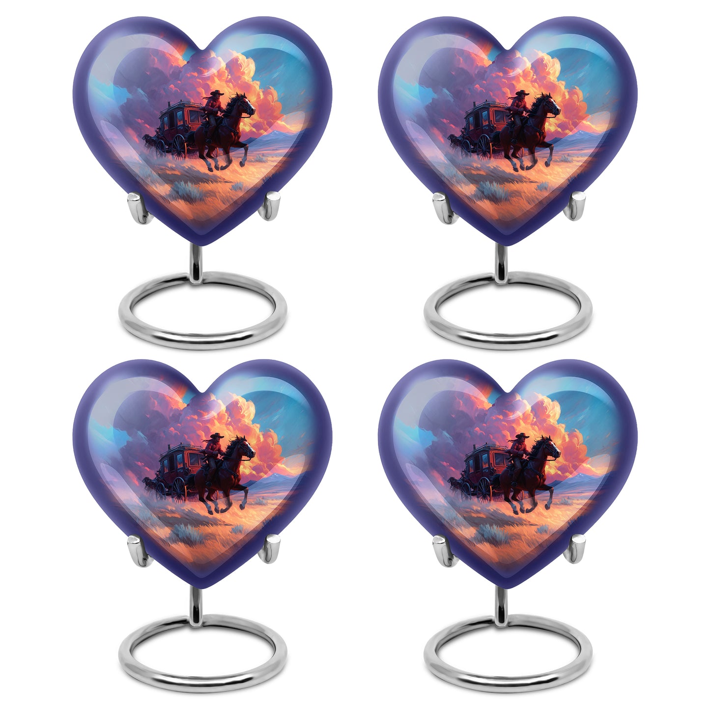 Royal Blue Cowboy Cremation Urn angled view of lid and engraved motif - compassionate heart-cowboy combination with gentle curves - 10 inch aluminum urn for cremated remains