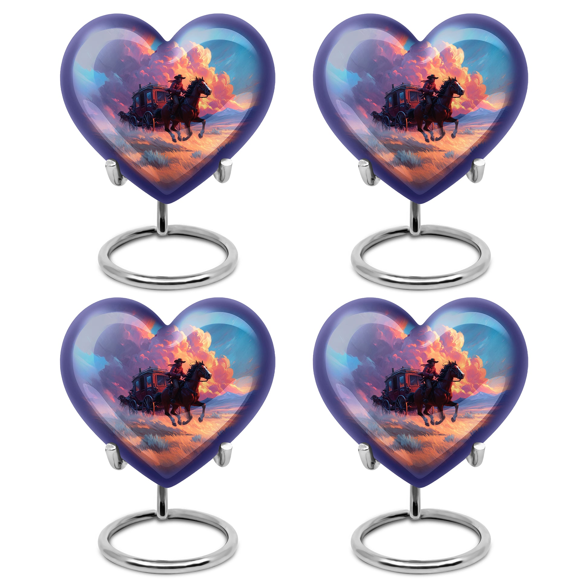 Royal Blue Cowboy Cremation Urn angled view of lid and engraved motif - compassionate heart-cowboy combination with gentle curves - 10 inch aluminum urn for cremated remains