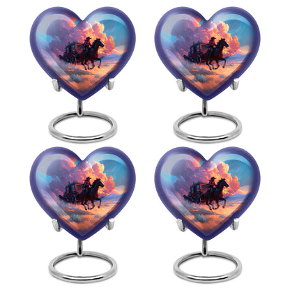Royal Blue Cowboy Cremation Urn angled view of lid and engraved motif - compassionate heart-cowboy combination with gentle curves - 10 inch aluminum urn for cremated remains