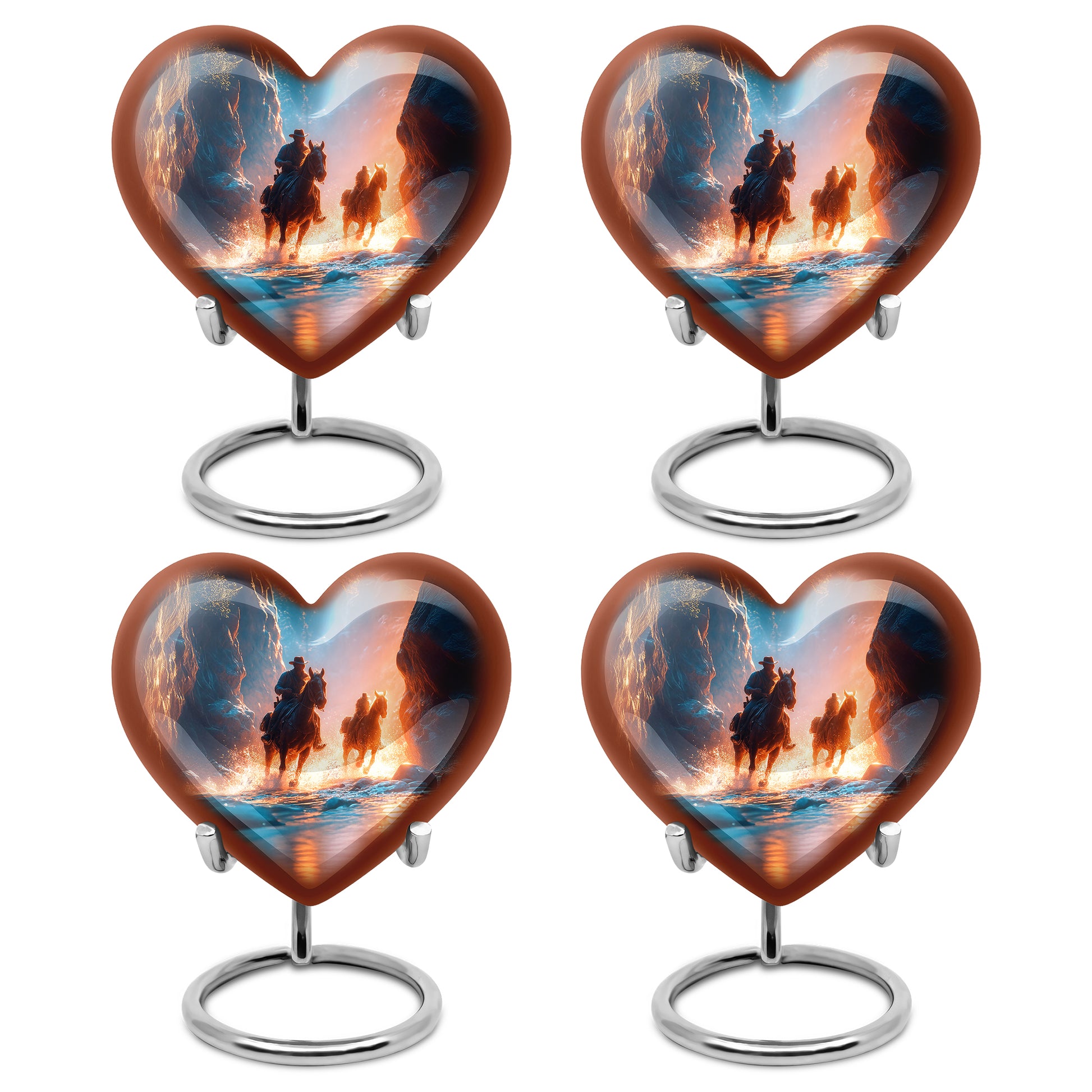 Celestial Blue Cowboy Cremation Urn angled view of lid and engraved motif - loving heart memorial featuring cowboy pattern - 10 inch aluminum urn for cremated remains