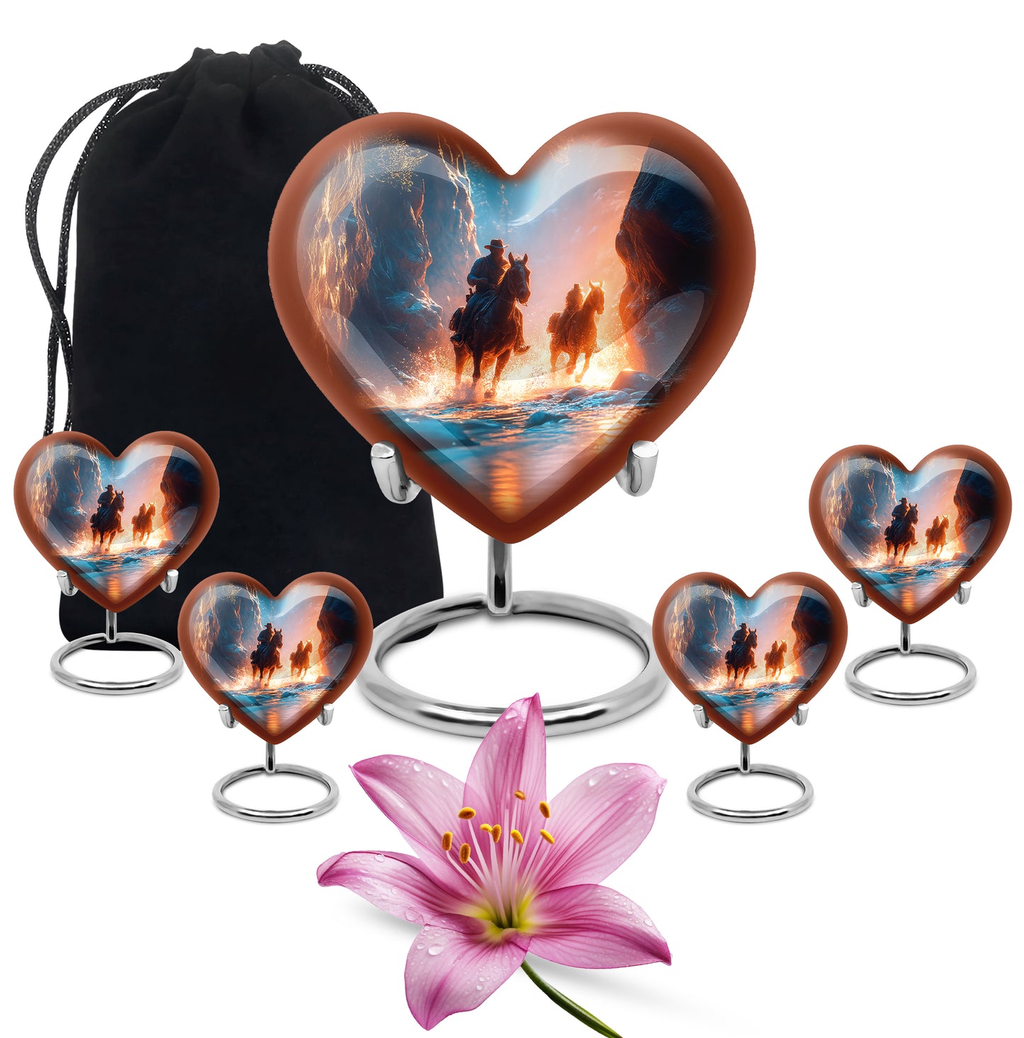 Navy Blue Cowboy Cremation Urn close-up of engraving and surface detail - heart-shaped cowboy design symbolizing eternal love - memorial set with one large and four small urns