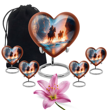 Navy Blue Cowboy Cremation Urn close-up of engraving and surface detail - heart-shaped cowboy design symbolizing eternal love - memorial set with one large and four small urns