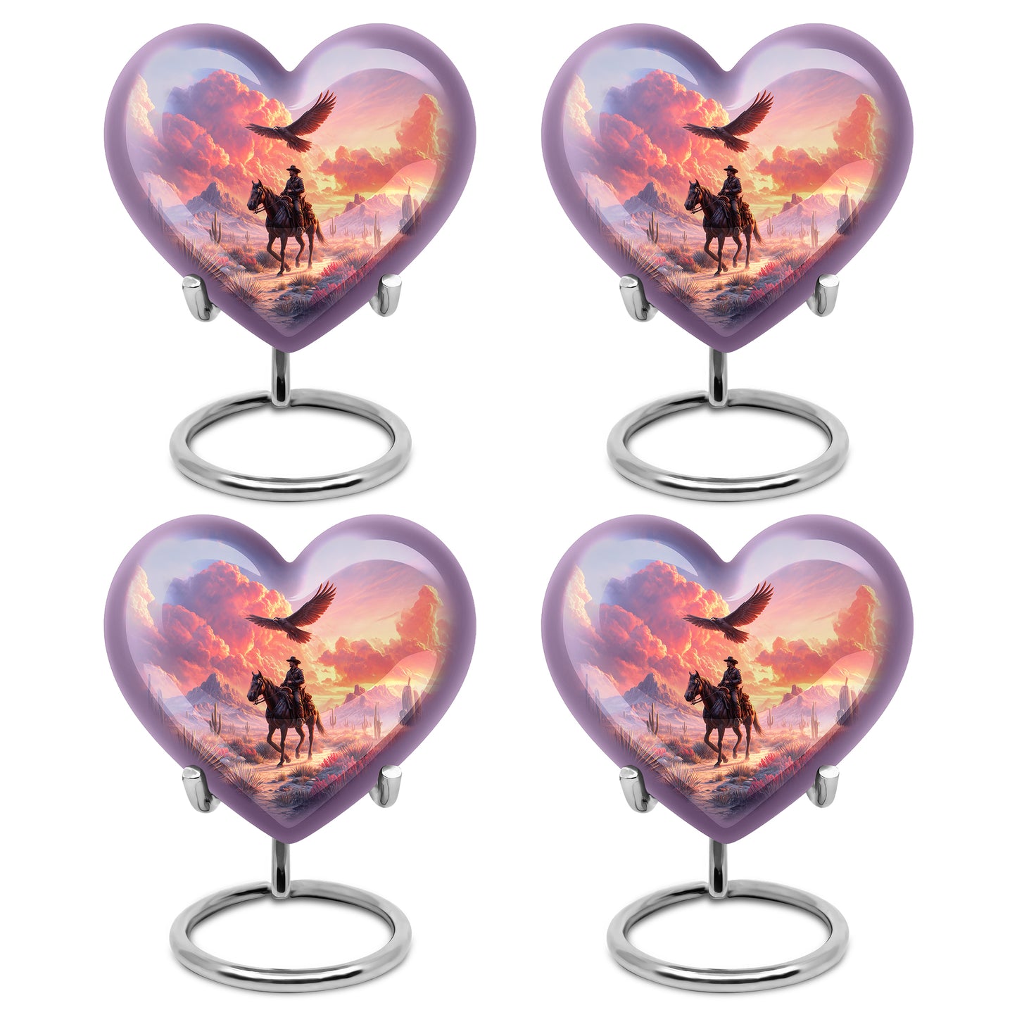 Royal Purple Cowboy Cremation Urn angled view of lid and engraved motif - compassionate heart-cowboy combination with gentle curves - 10 inch aluminum urn for cremated remains