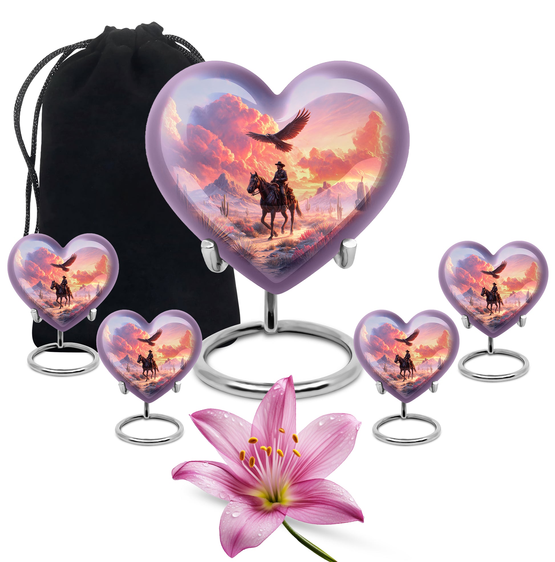 Royal Purple Cowboy Cremation Urn close-up of engraving and surface detail - romantic heart urn with cowboy motif on aluminum - memorial set with one large and four small urns
