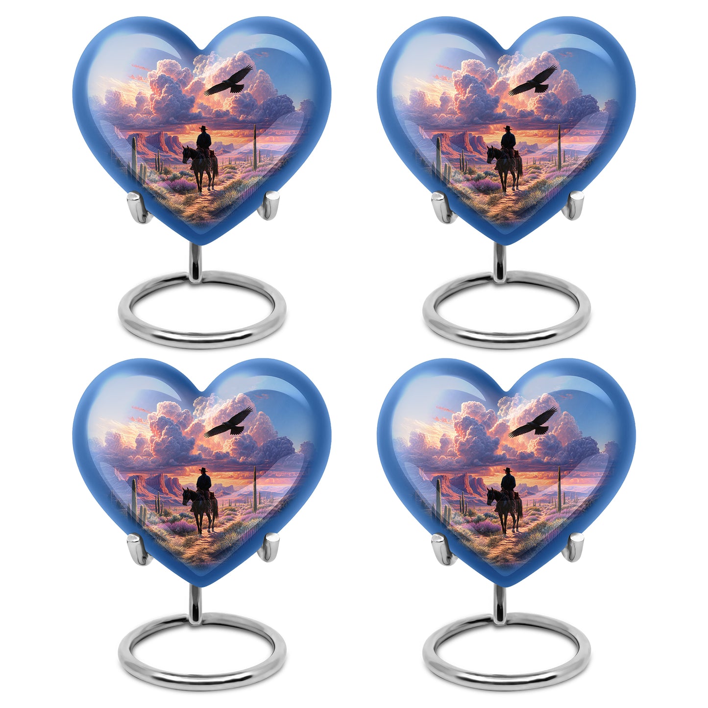 Sky Blue Cowboy Cremation Urn angled view of lid and engraved motif - loving heart memorial featuring cowboy pattern - 10 inch aluminum urn for cremated remains