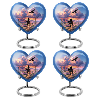 Sky Blue Cowboy Cremation Urn angled view of lid and engraved motif - loving heart memorial featuring cowboy pattern - 10 inch aluminum urn for cremated remains