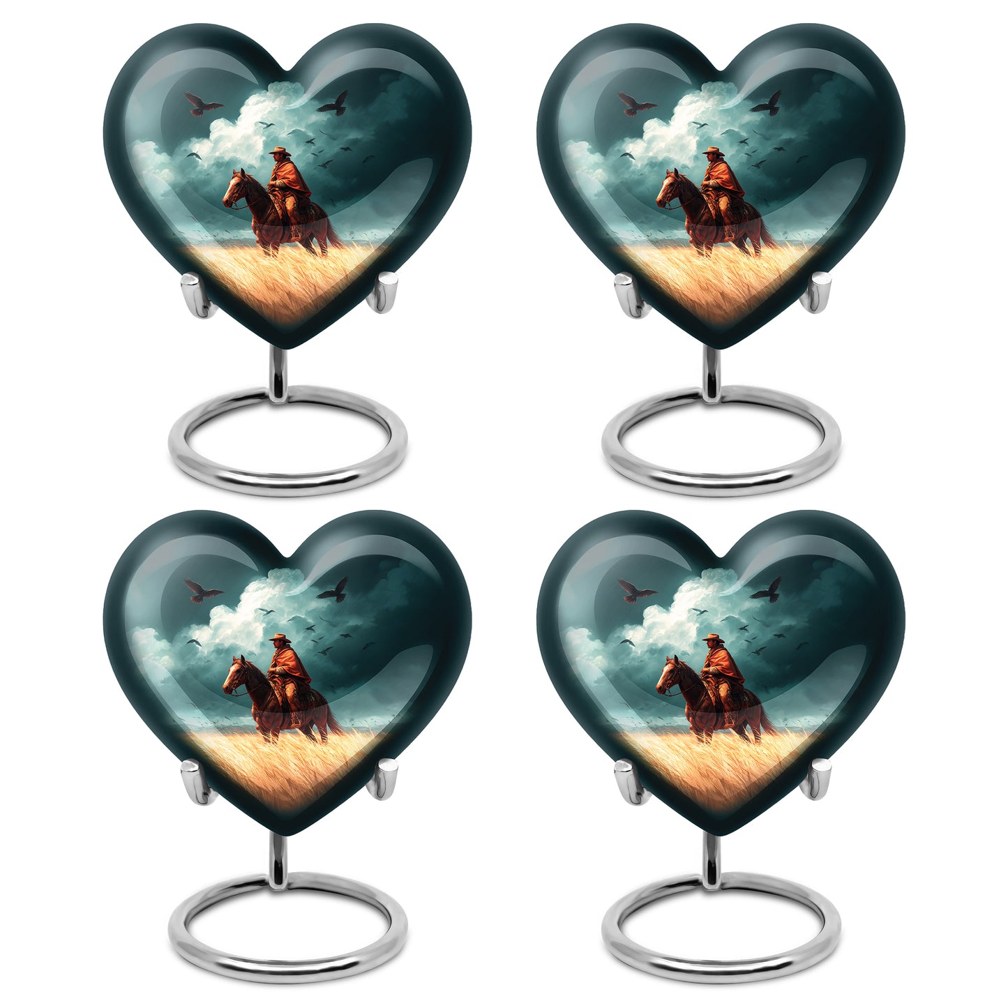 Vivid Teal Cowboy Cremation Urn angled view of lid and engraved motif - compassionate heart-cowboy combination with gentle curves - 10 inch aluminum urn for cremated remains