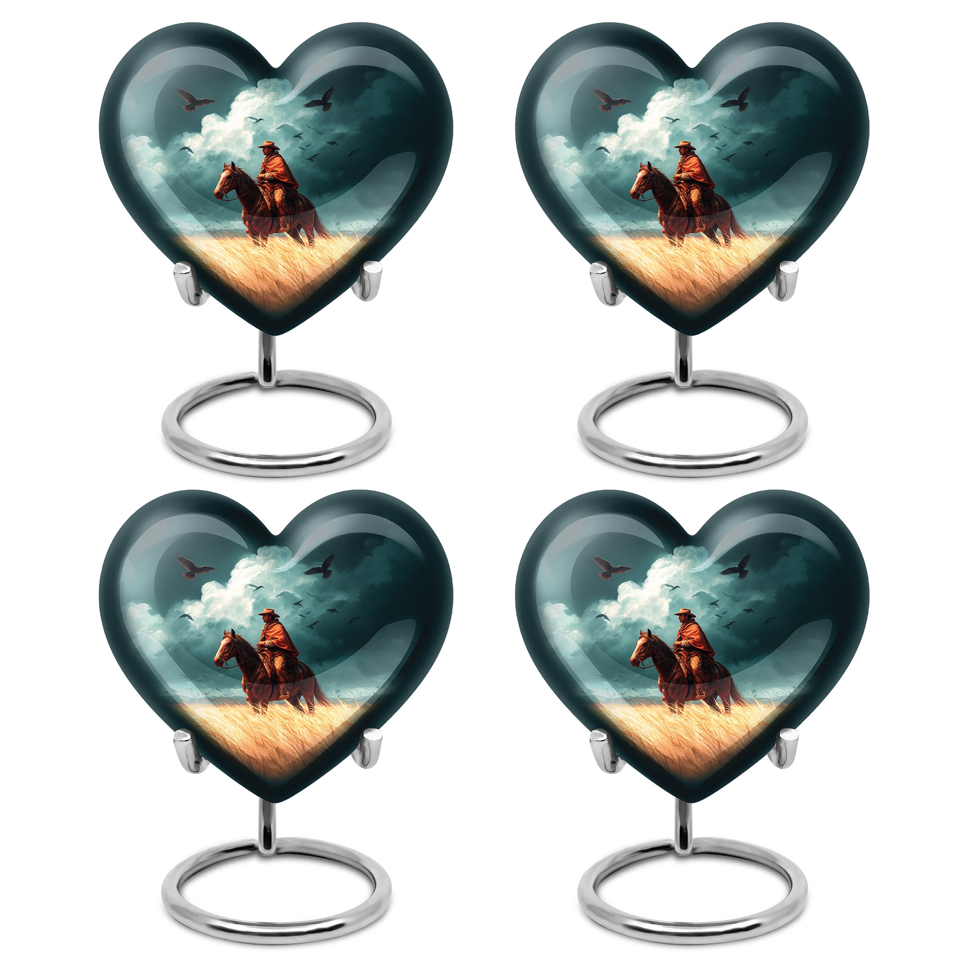 Vivid Teal Cowboy Cremation Urn angled view of lid and engraved motif - compassionate heart-cowboy combination with gentle curves - 10 inch aluminum urn for cremated remains
