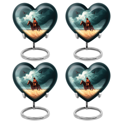 Vivid Teal Cowboy Cremation Urn angled view of lid and engraved motif - compassionate heart-cowboy combination with gentle curves - 10 inch aluminum urn for cremated remains