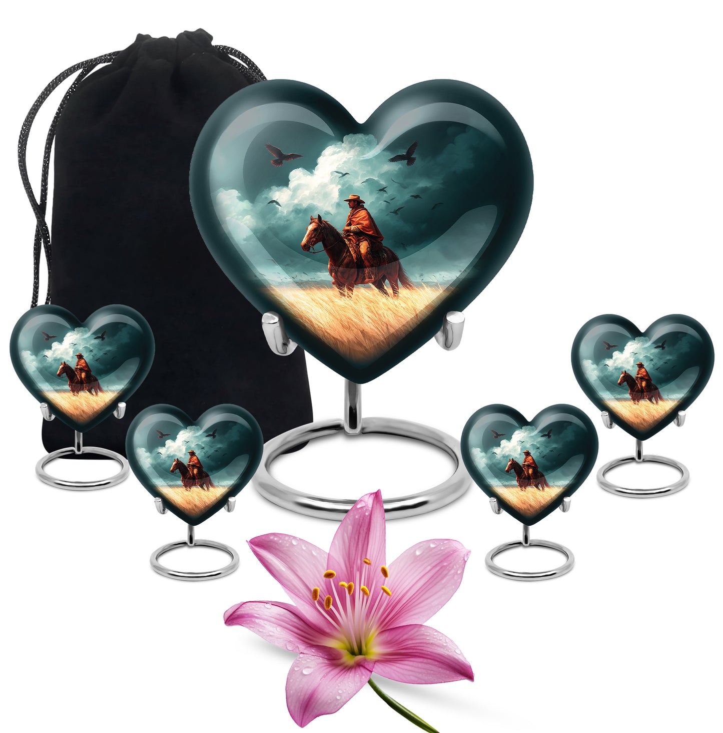 Vivid Teal Cowboy Cremation Urn close-up of engraving and surface detail - romantic heart urn with cowboy motif on aluminum - memorial set with one large and four small urns