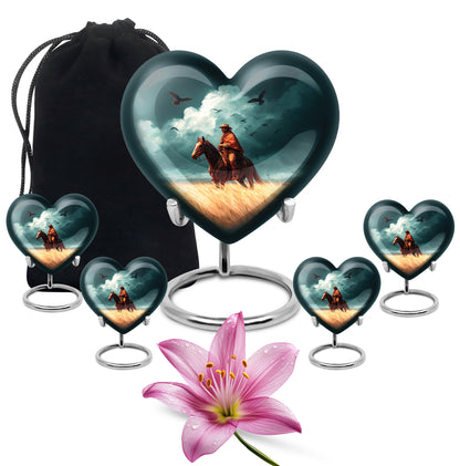 Vivid Teal Cowboy Cremation Urn close-up of engraving and surface detail - romantic heart urn with cowboy motif on aluminum - memorial set with one large and four small urns