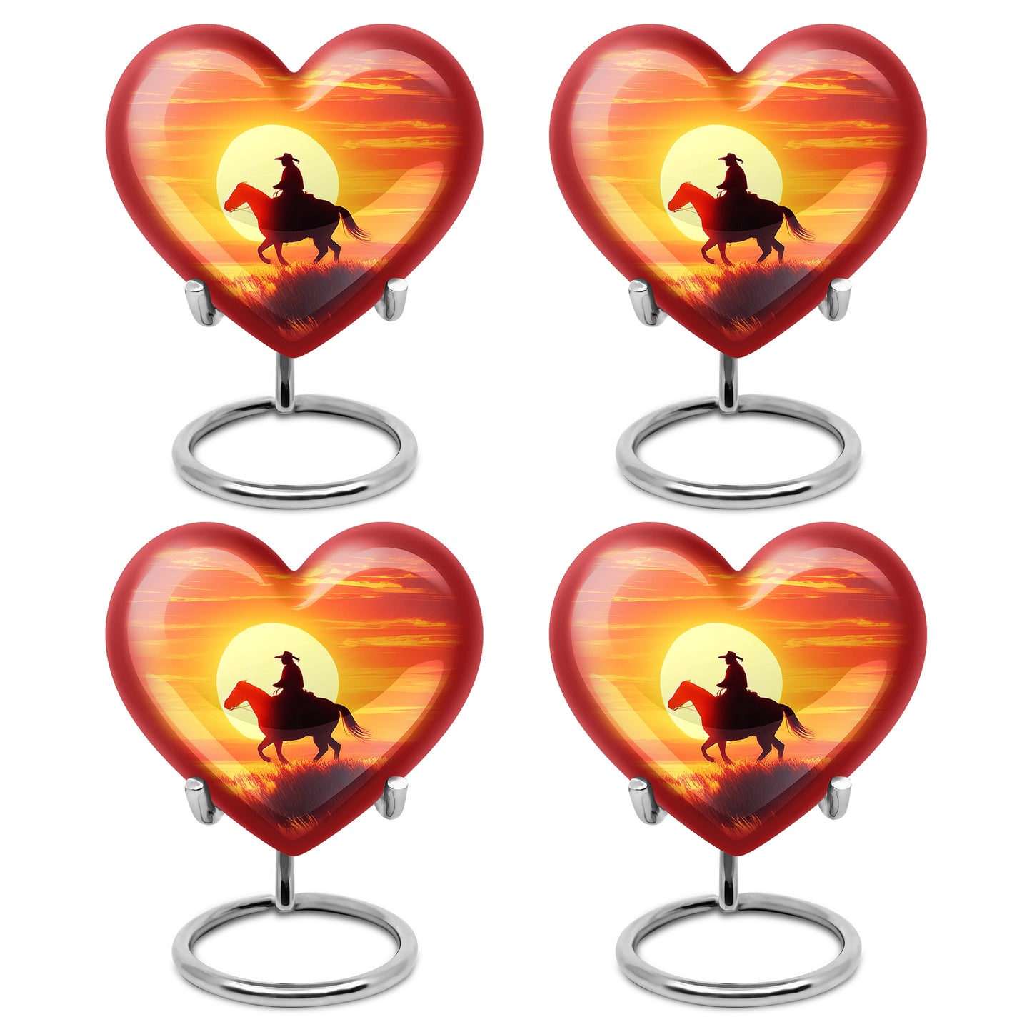 Deep Red Cowboy Cremation Urn angled view of lid and engraved motif - heart-shaped cowboy design symbolizing eternal love - 10 inch aluminum urn for cremated remains