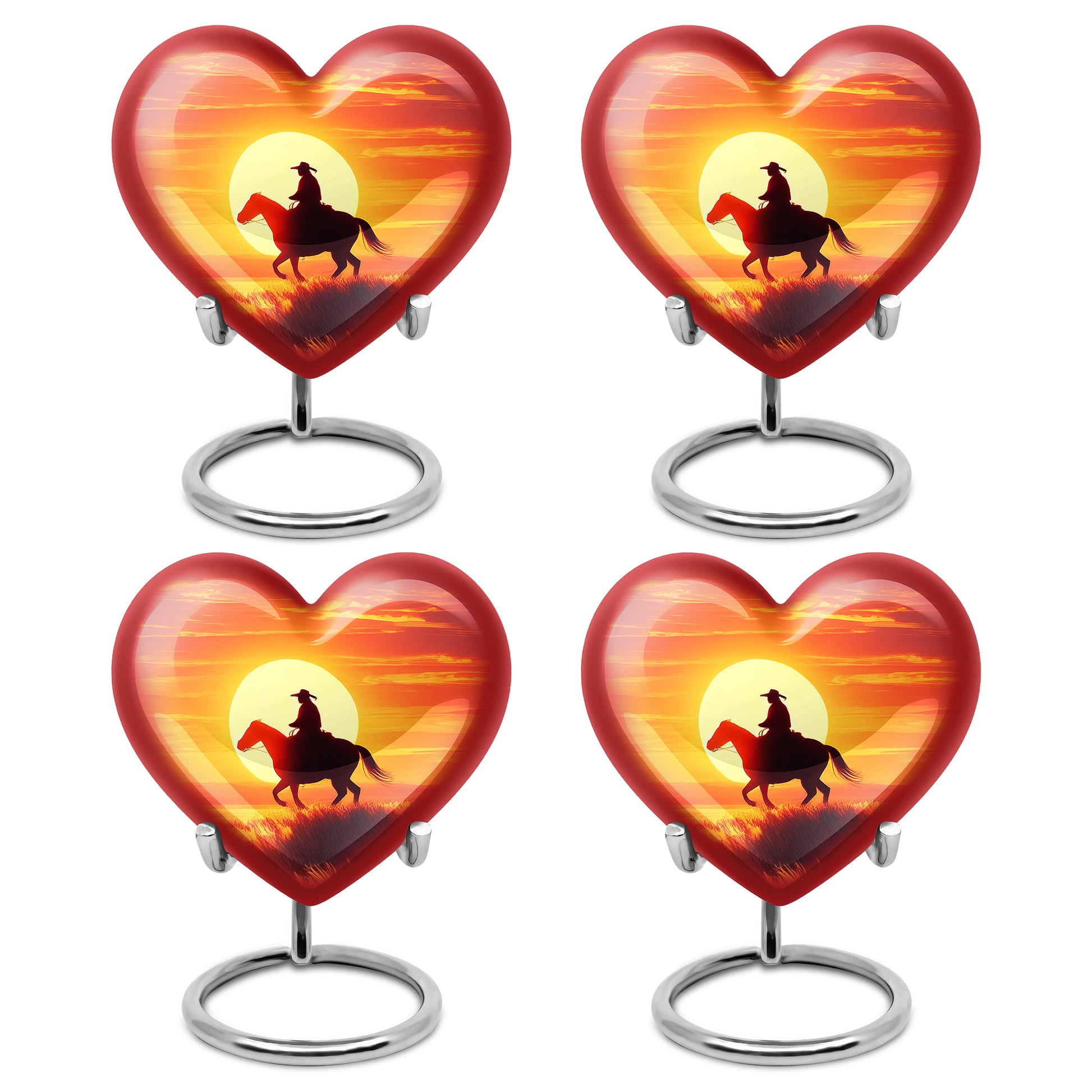 Deep Red Cowboy Cremation Urn angled view of lid and engraved motif - heart-shaped cowboy design symbolizing eternal love - 10 inch aluminum urn for cremated remains