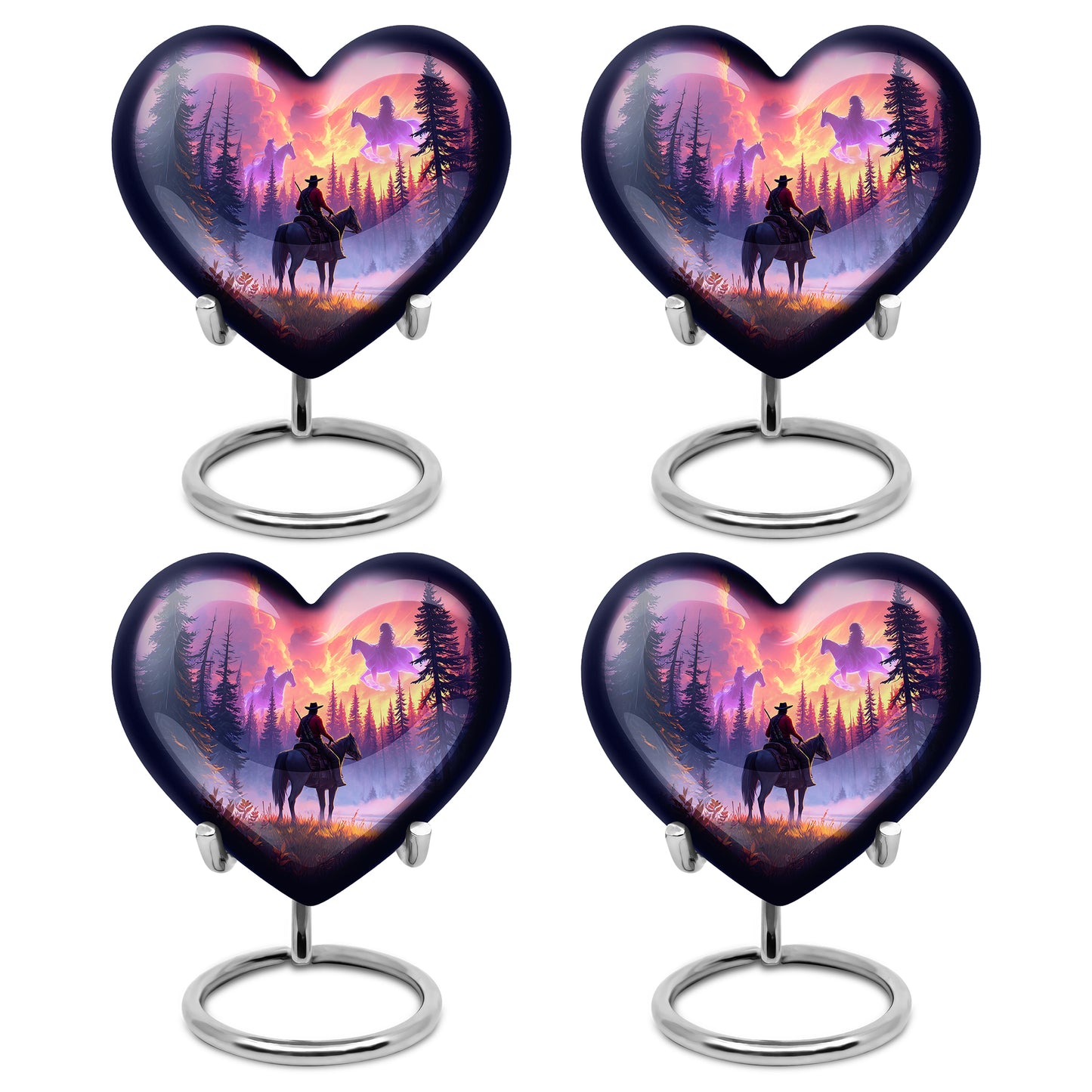Garnet Red Cowboy Cremation Urn angled view of lid and engraved motif - heart-shaped cowboy design symbolizing eternal love - 10 inch aluminum urn for cremated remains
