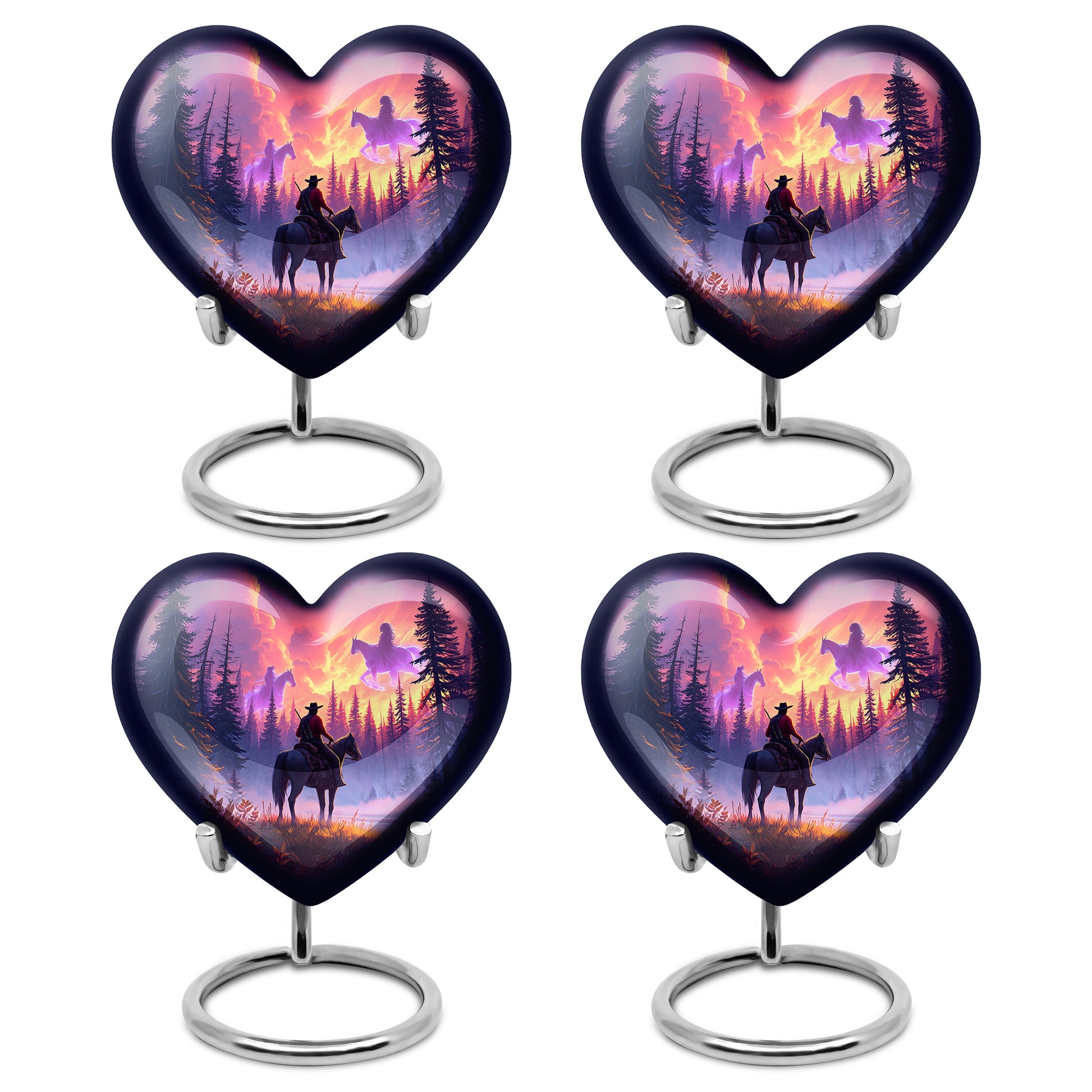 Garnet Red Cowboy Cremation Urn angled view of lid and engraved motif - heart-shaped cowboy design symbolizing eternal love - 10 inch aluminum urn for cremated remains