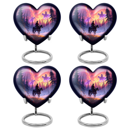 Garnet Red Cowboy Cremation Urn angled view of lid and engraved motif - heart-shaped cowboy design symbolizing eternal love - 10 inch aluminum urn for cremated remains