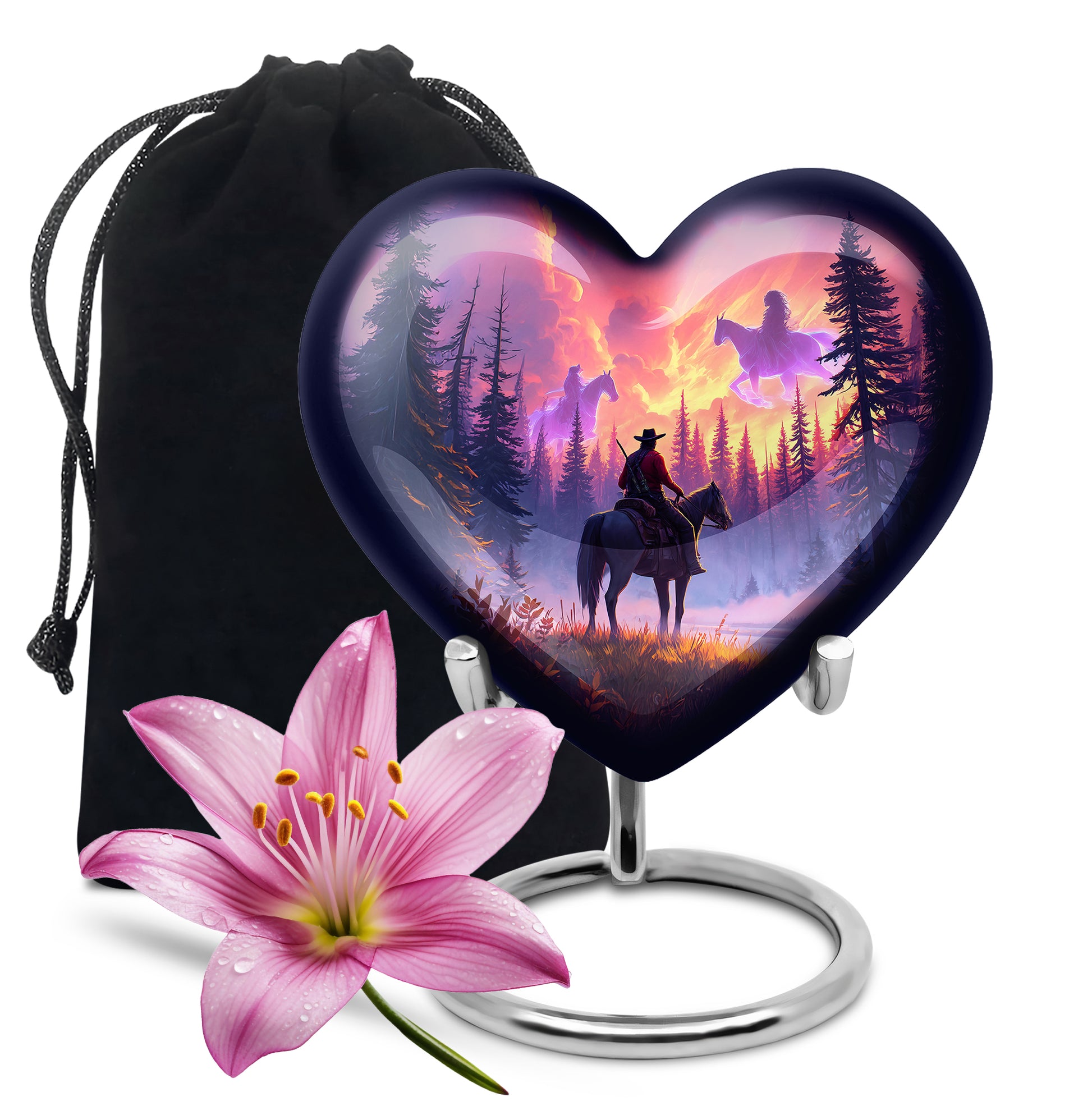 Deep Red Cowboy Cremation Urn detail view - heart-shaped cowboy design symbolizing eternal love - full-size 10 inch 200 cubic inch adult cremation urn