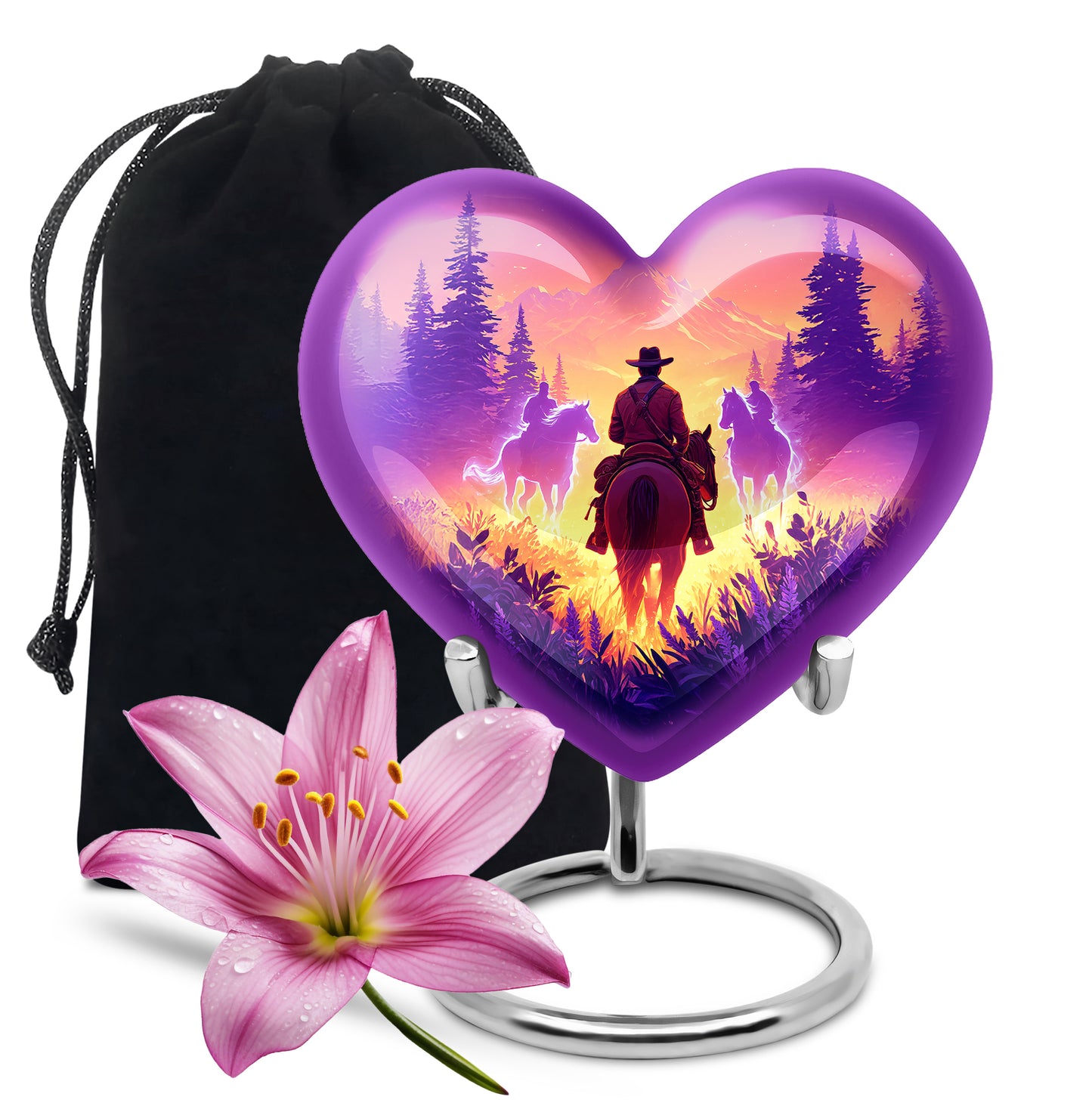 Peony Pink Cowboy Cremation Urn detail view - loving heart memorial featuring cowboy pattern - full-size 10 inch 200 cubic inch adult cremation urn