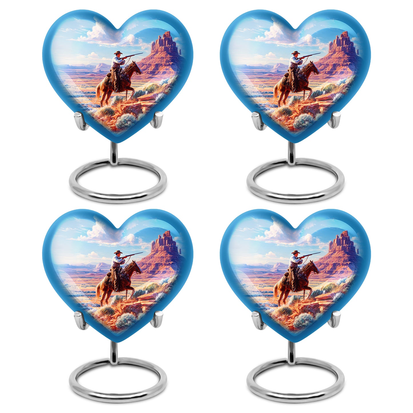 Cobalt Blue Cowboy Cremation Urn angled view of lid and engraved motif - romantic heart urn with cowboy motif on aluminum - 10 inch aluminum urn for cremated remains