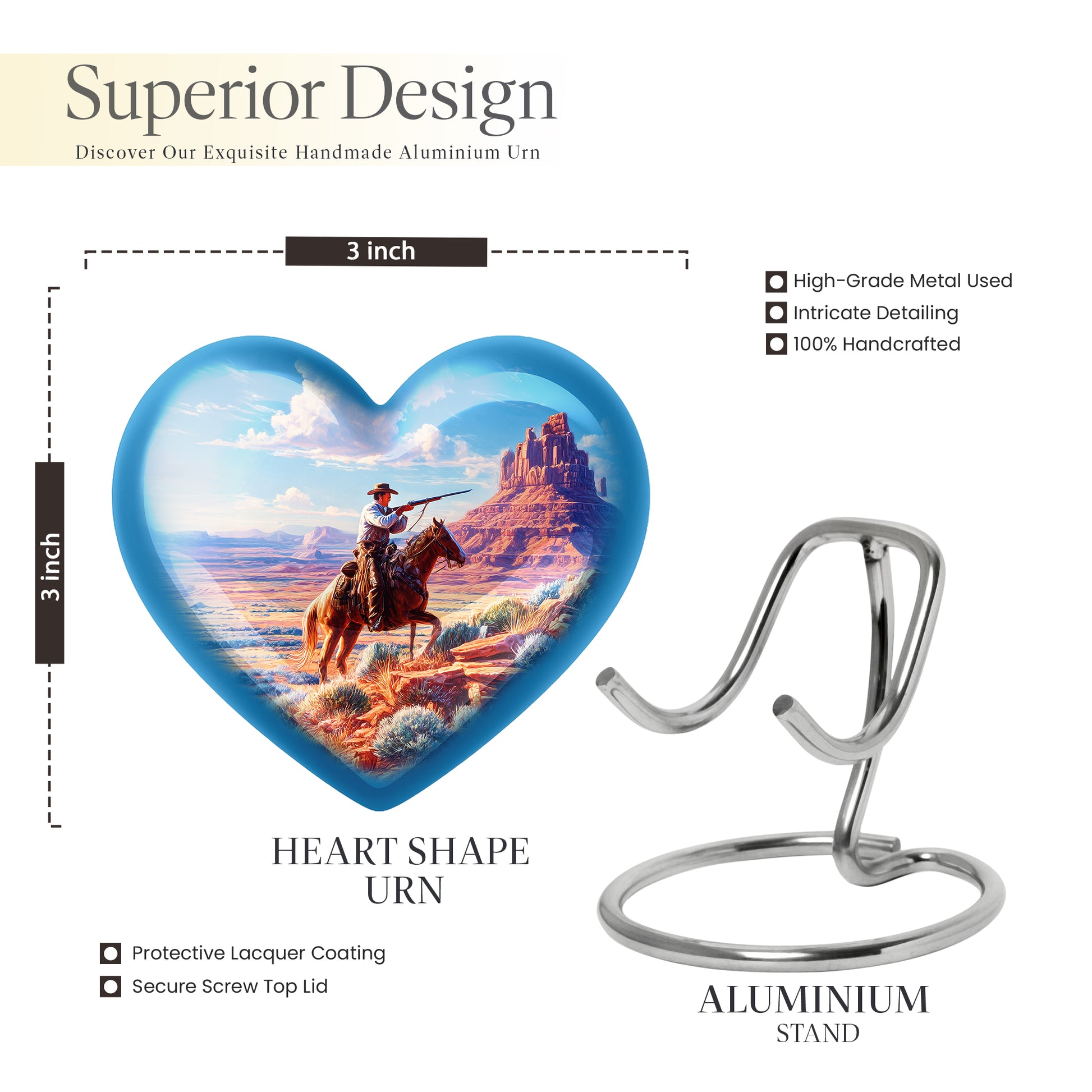 Azure Cowboy Cremation Urn front view showing detailed design - loving heart memorial featuring cowboy pattern - mini keepsake memorial for portion of cremation ashes