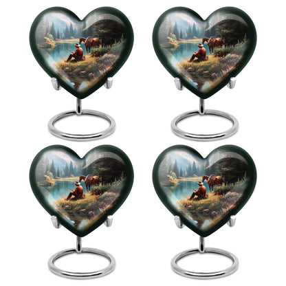 Powder Blue Cowboy Cremation Urn angled view of lid and engraved motif - loving heart memorial featuring cowboy pattern - 10 inch aluminum urn for cremated remains