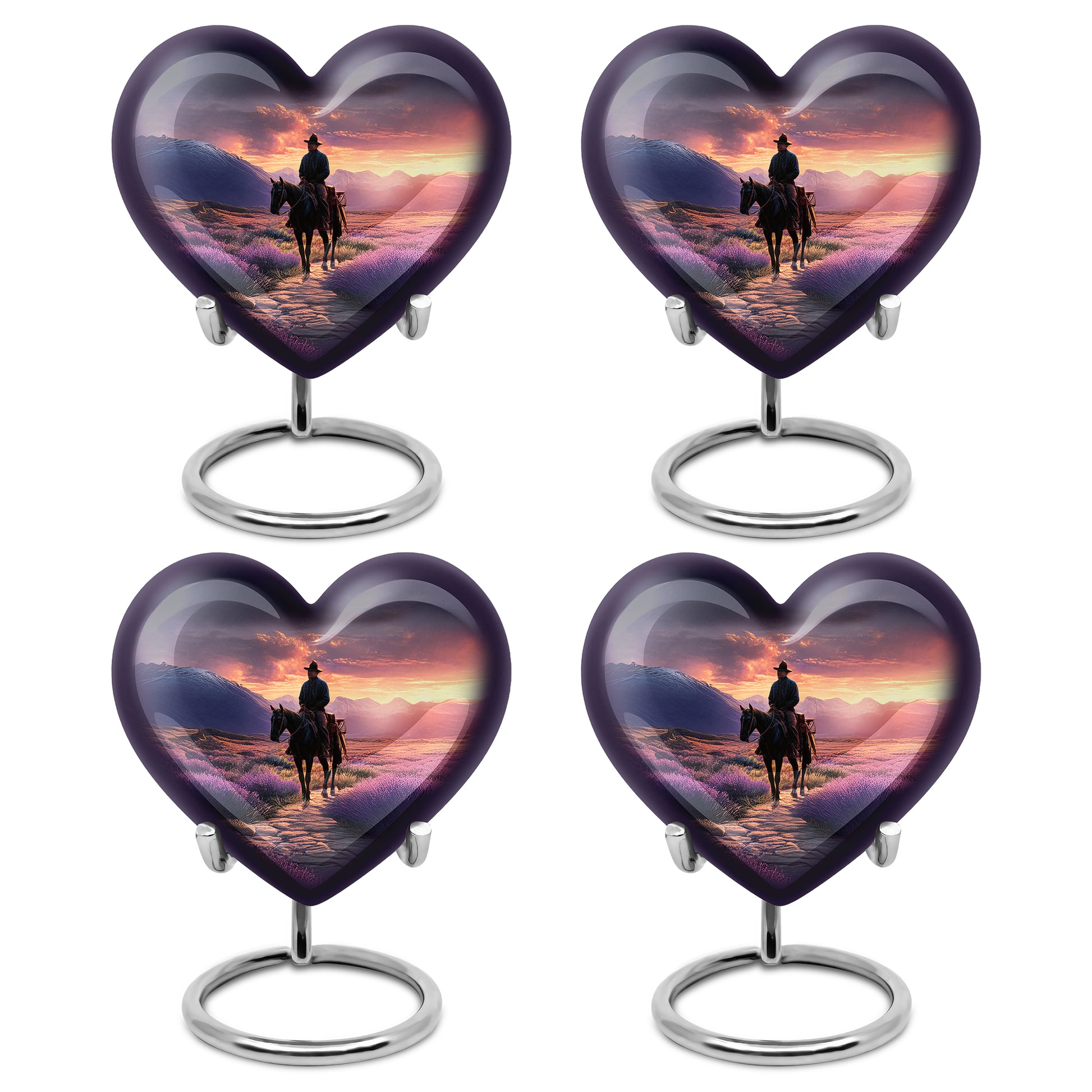 Majestic Purple Cowboy Cremation Urn angled view of lid and engraved motif - heart-shaped cowboy design symbolizing eternal love - 10 inch aluminum urn for cremated remains