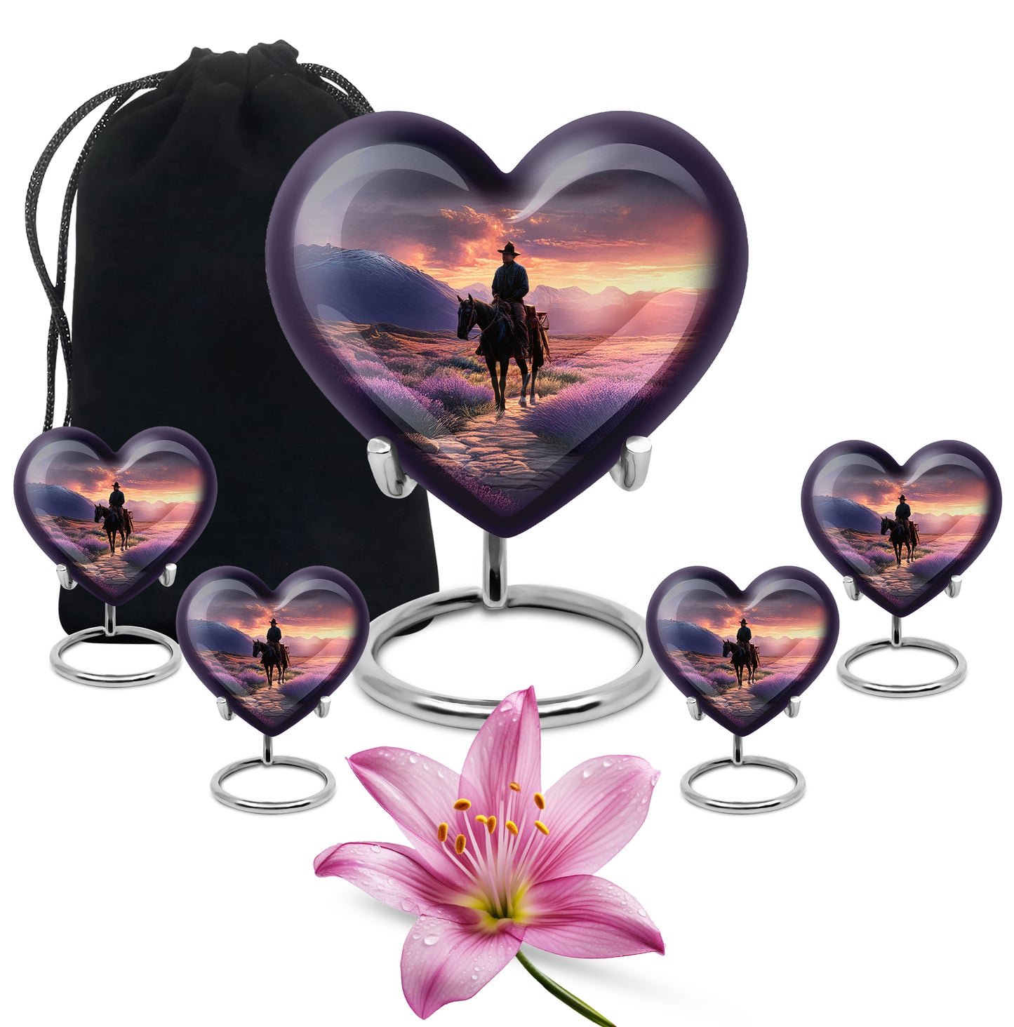 Violet Purple Cowboy Cremation Urn close-up of engraving and surface detail - compassionate heart-cowboy combination with gentle curves - memorial set with one large and four small urns