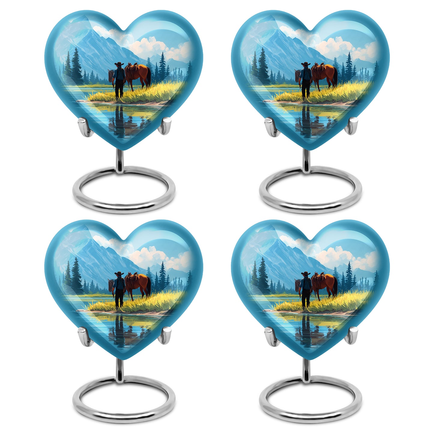 Navy Blue Cowboy Cremation Urn angled view of lid and engraved motif - heart-shaped cowboy design symbolizing eternal love - 10 inch aluminum urn for cremated remains