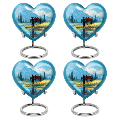 Navy Blue Cowboy Cremation Urn angled view of lid and engraved motif - heart-shaped cowboy design symbolizing eternal love - 10 inch aluminum urn for cremated remains
