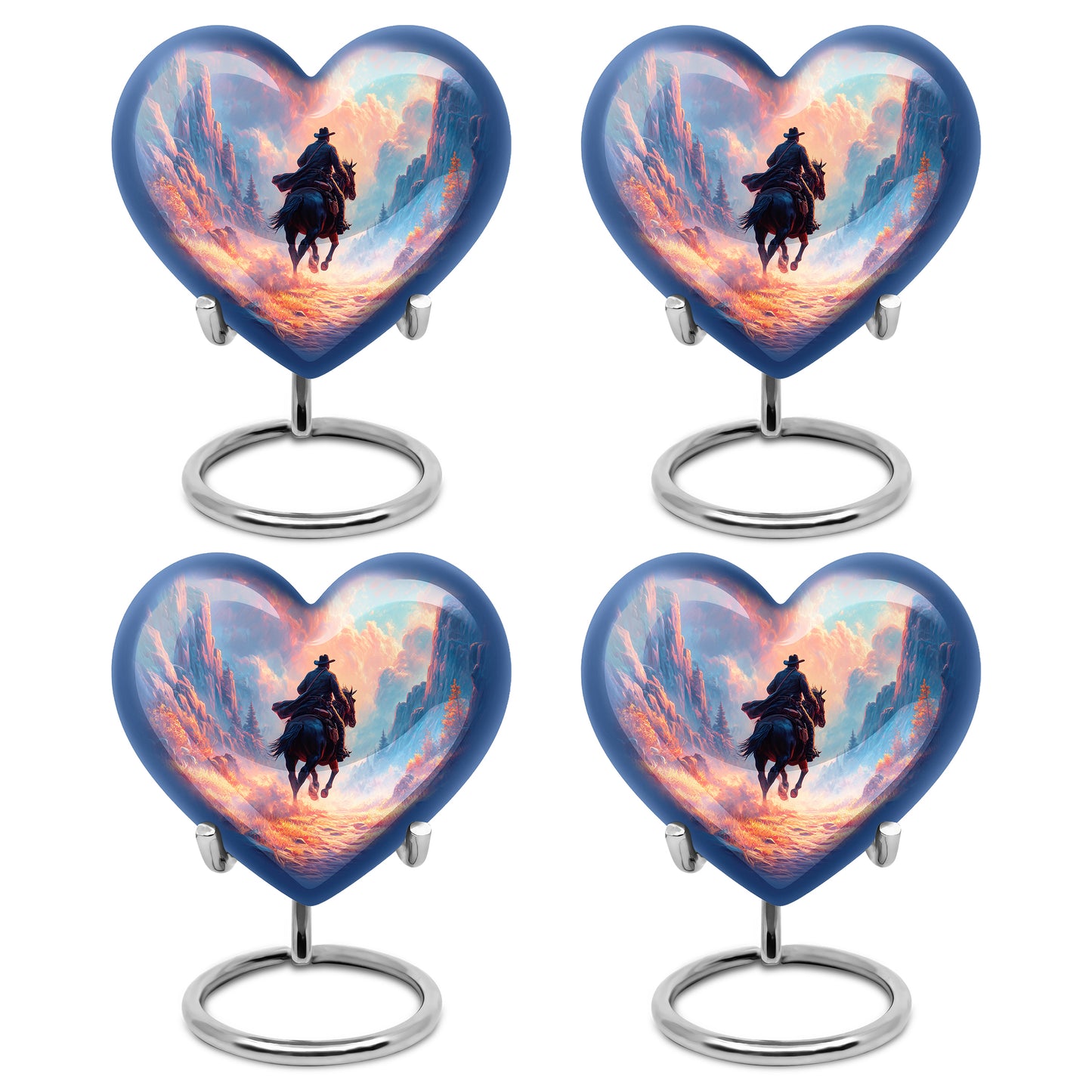Slate Blue Cowboy Cremation Urn angled view of lid and engraved motif - loving heart memorial featuring cowboy pattern - 10 inch aluminum urn for cremated remains