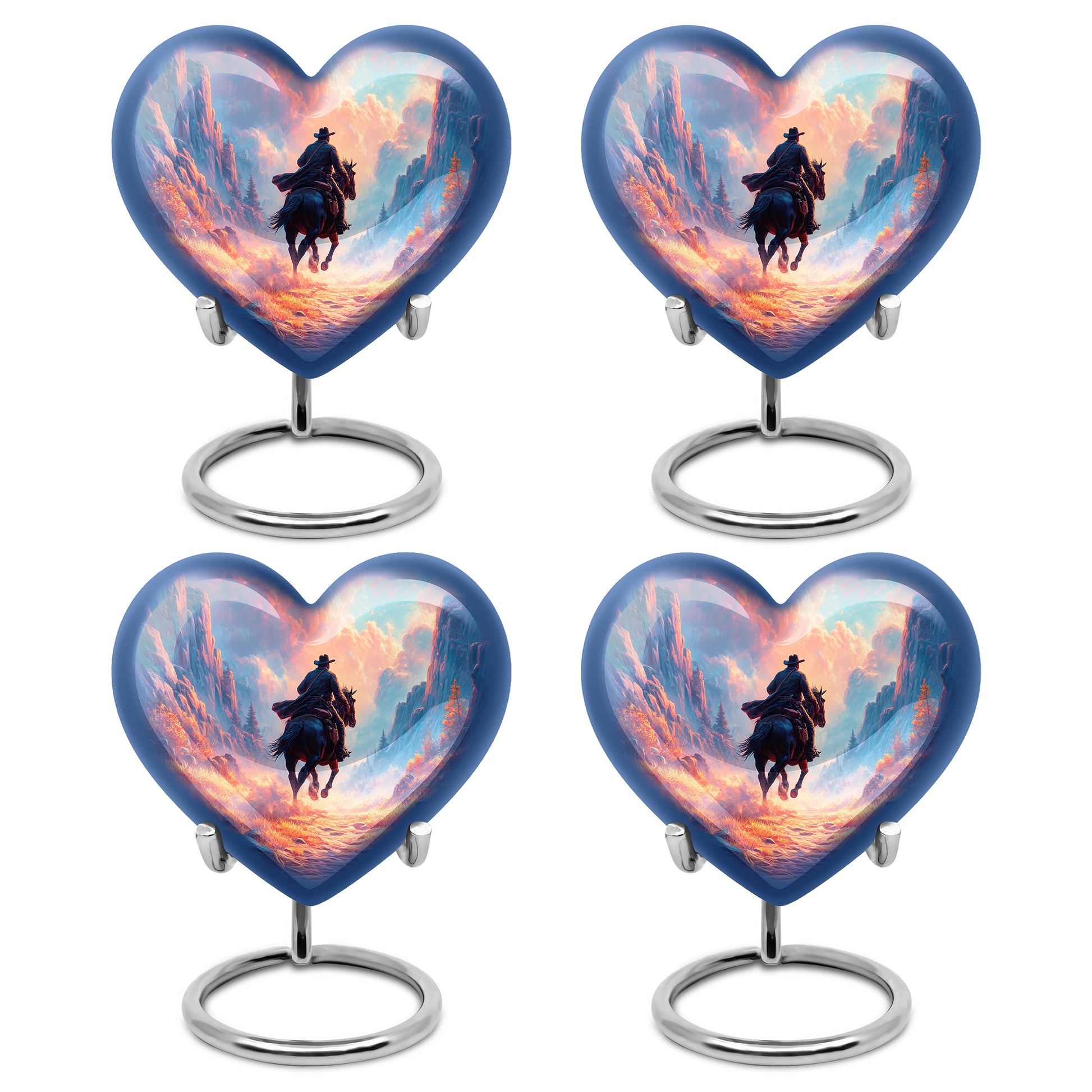 Slate Blue Cowboy Cremation Urn angled view of lid and engraved motif - loving heart memorial featuring cowboy pattern - 10 inch aluminum urn for cremated remains