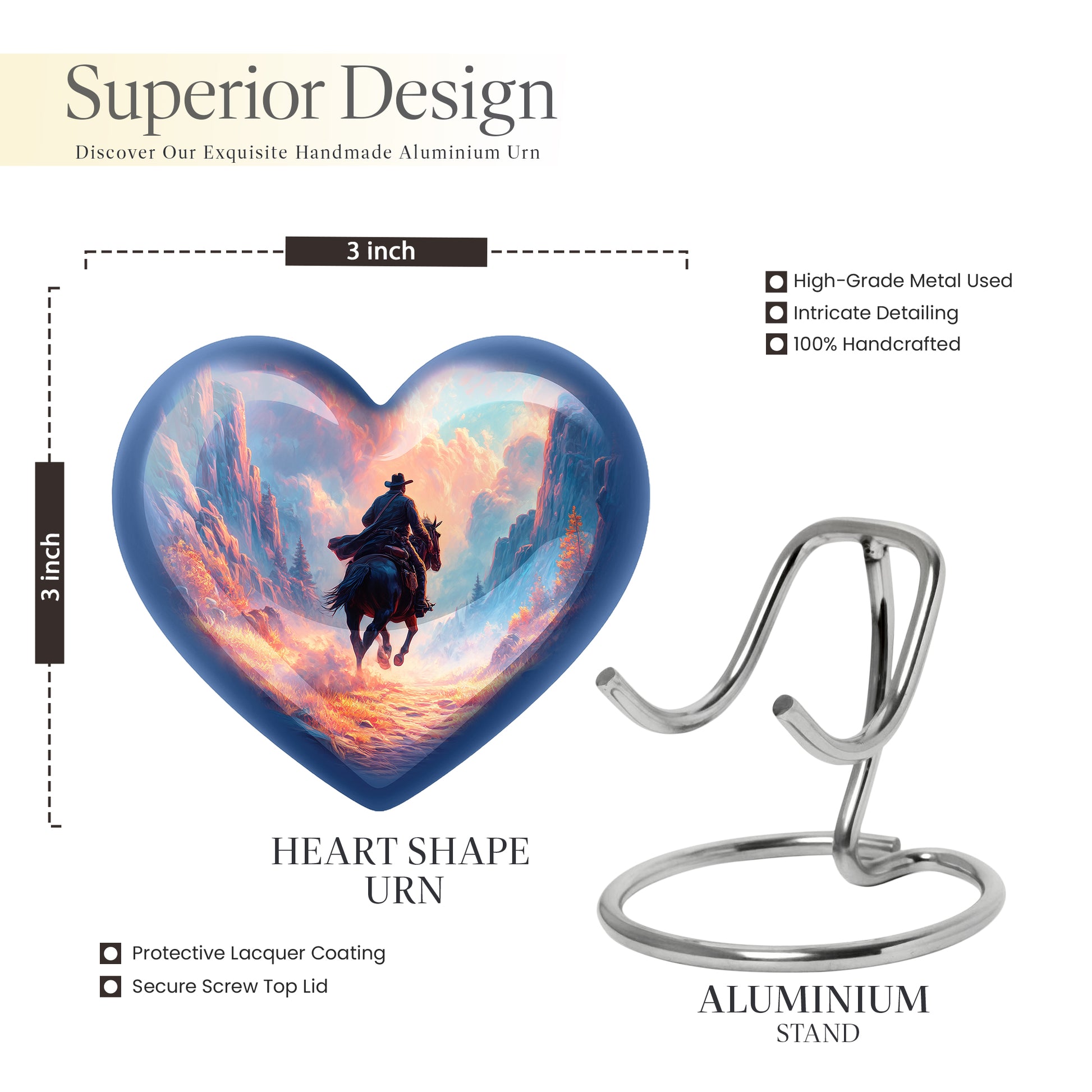 Royal Blue Cowboy Cremation Urn front view showing detailed design - romantic heart urn with cowboy motif on aluminum - mini keepsake memorial for portion of cremation ashes