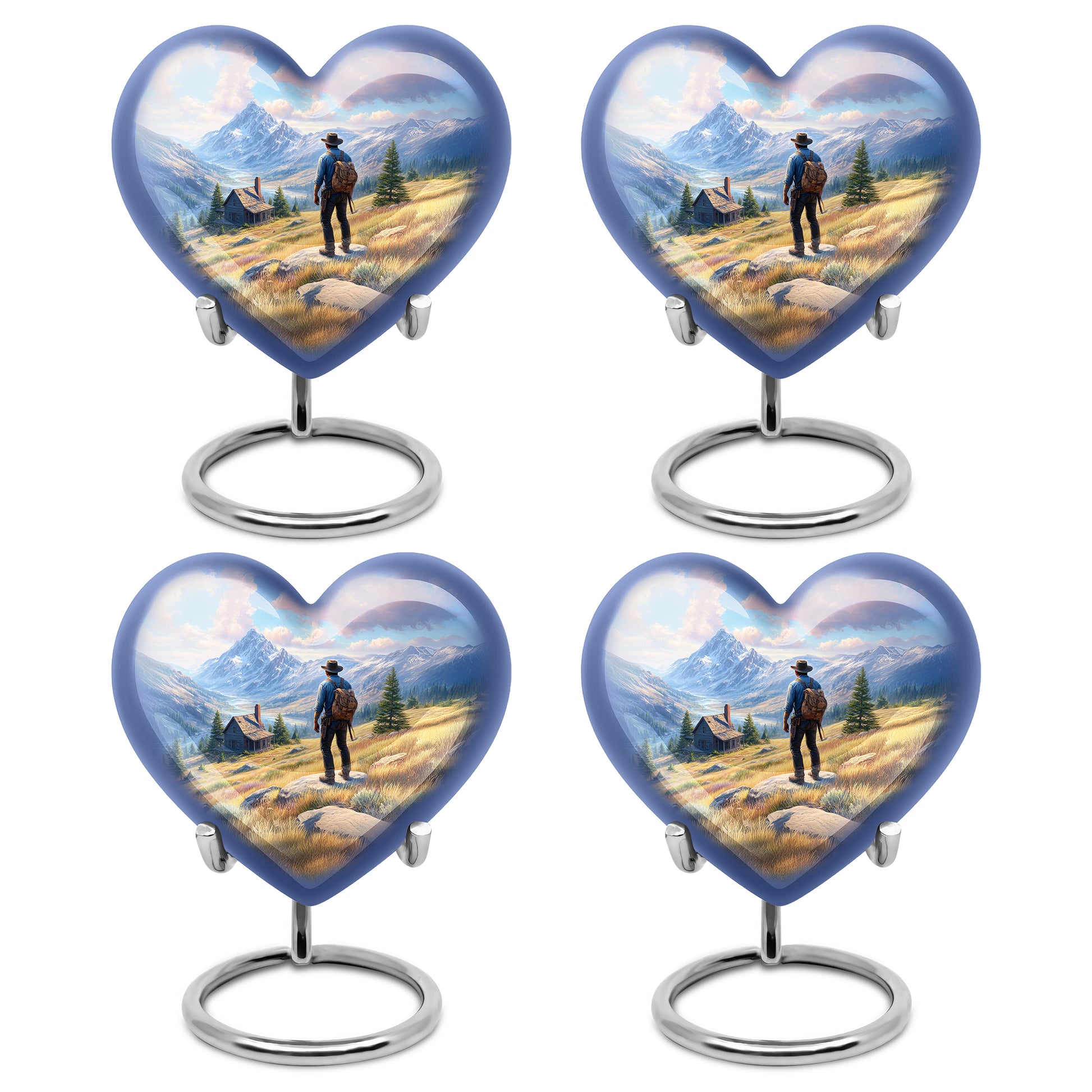 Steel Blue Cowboy Cremation Urn angled view of lid and engraved motif - romantic heart urn with cowboy motif on aluminum - 10 inch aluminum urn for cremated remains