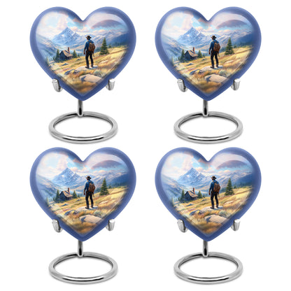 Steel Blue Cowboy Cremation Urn angled view of lid and engraved motif - romantic heart urn with cowboy motif on aluminum - 10 inch aluminum urn for cremated remains