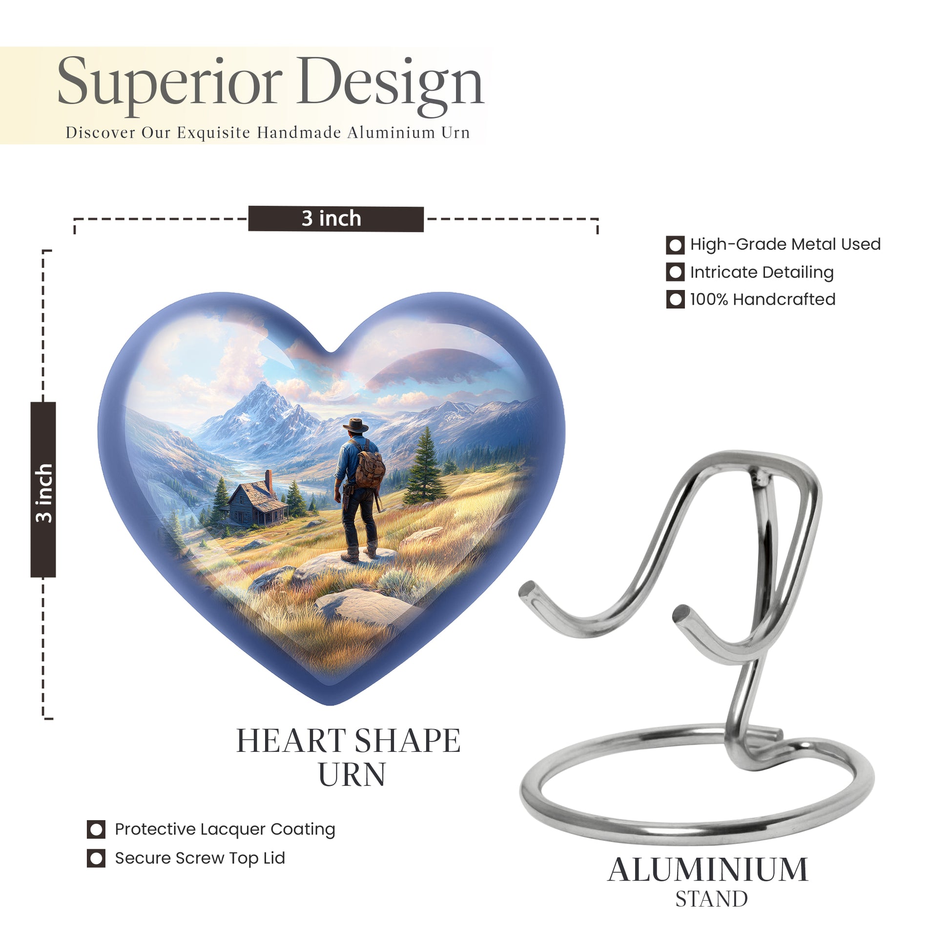 Sky Blue Cowboy Cremation Urn front view showing detailed design - loving heart memorial featuring cowboy pattern - mini keepsake memorial for portion of cremation ashes