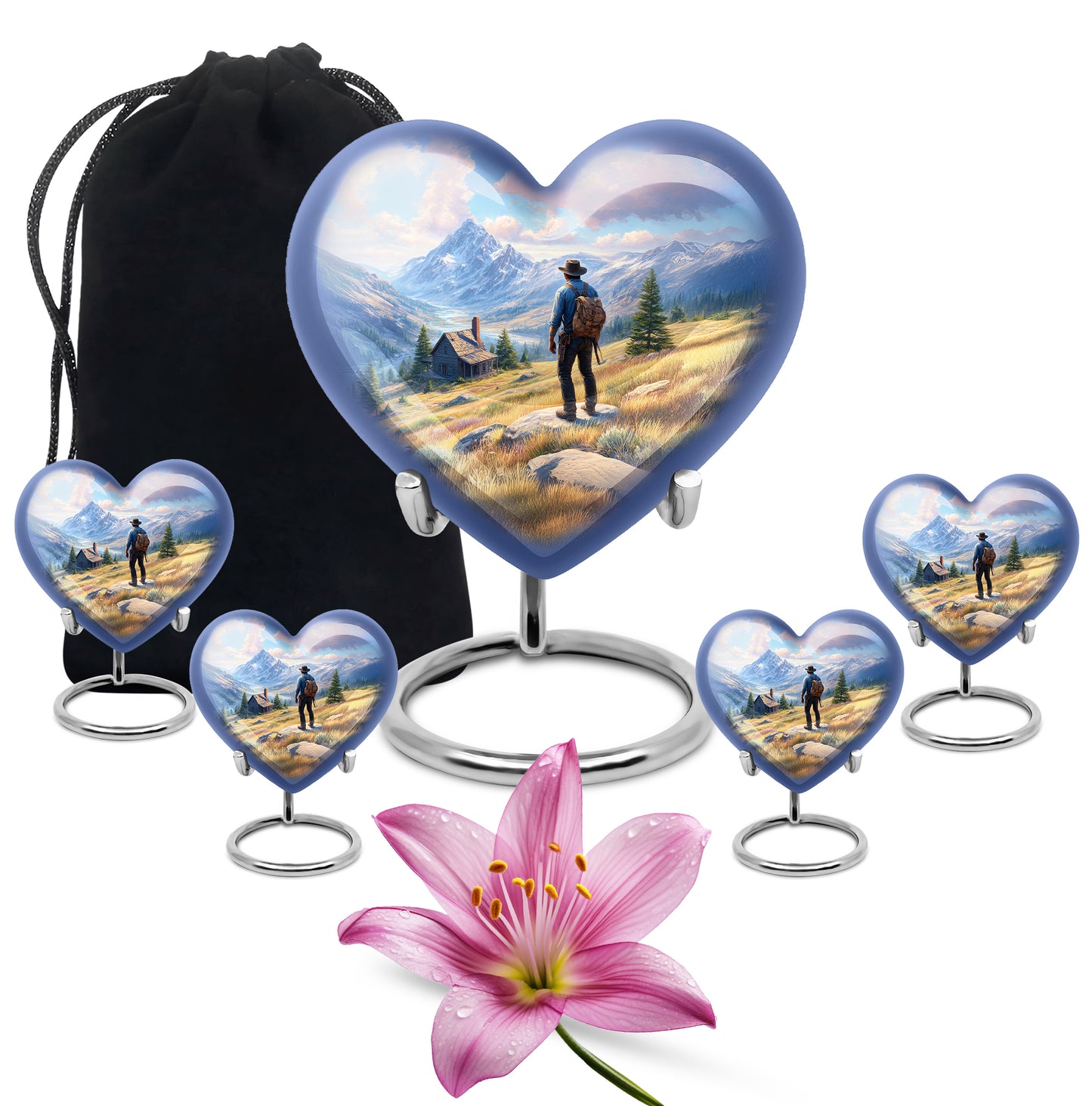 Vivid Blue Cowboy Cremation Urn close-up of engraving and surface detail - romantic heart urn with cowboy motif on aluminum - memorial set with one large and four small urns