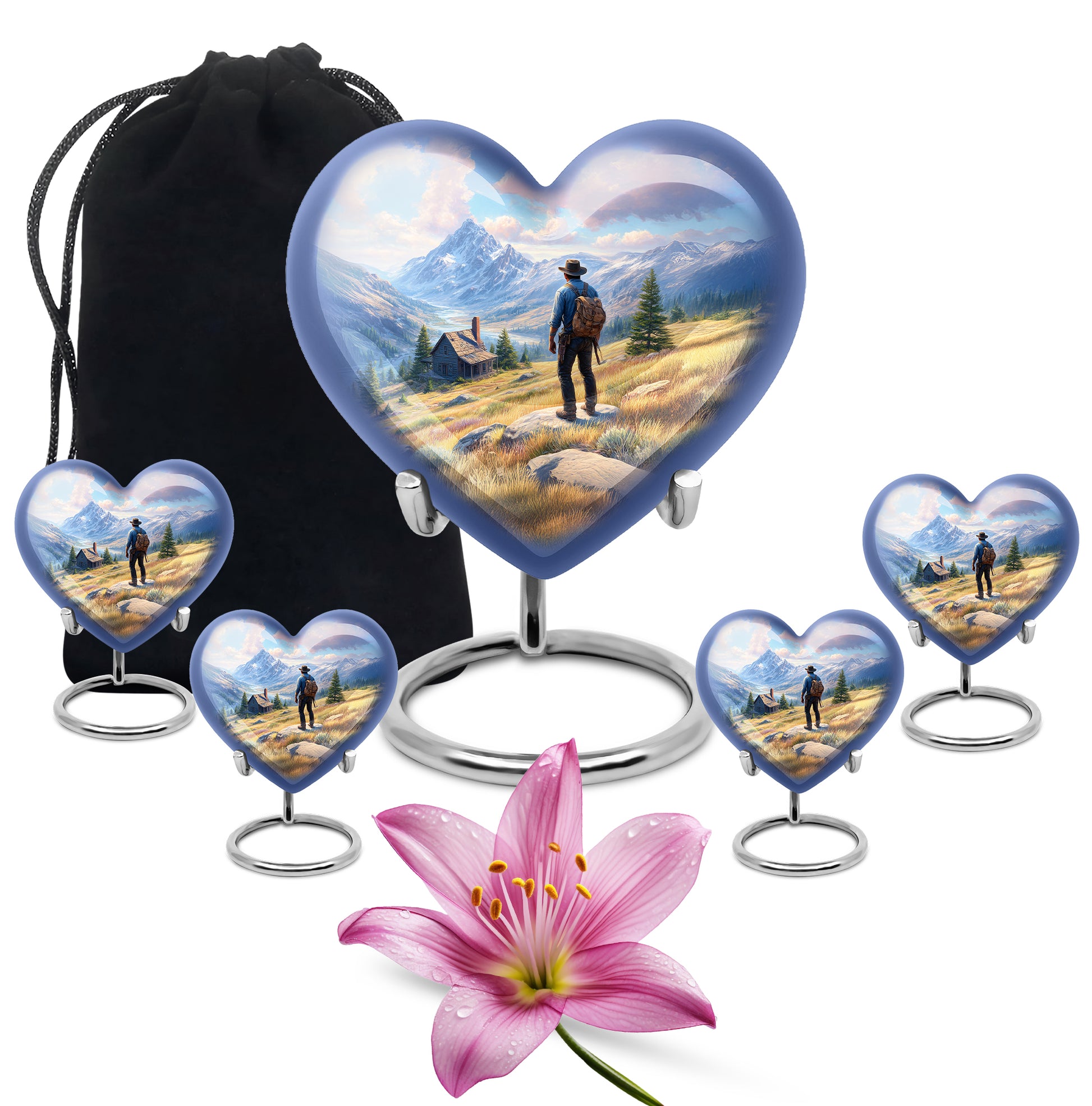 Vivid Blue Cowboy Cremation Urn close-up of engraving and surface detail - romantic heart urn with cowboy motif on aluminum - memorial set with one large and four small urns